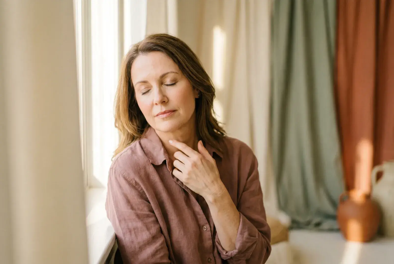 A woman gently tapping near her collarbone with her eyes closed