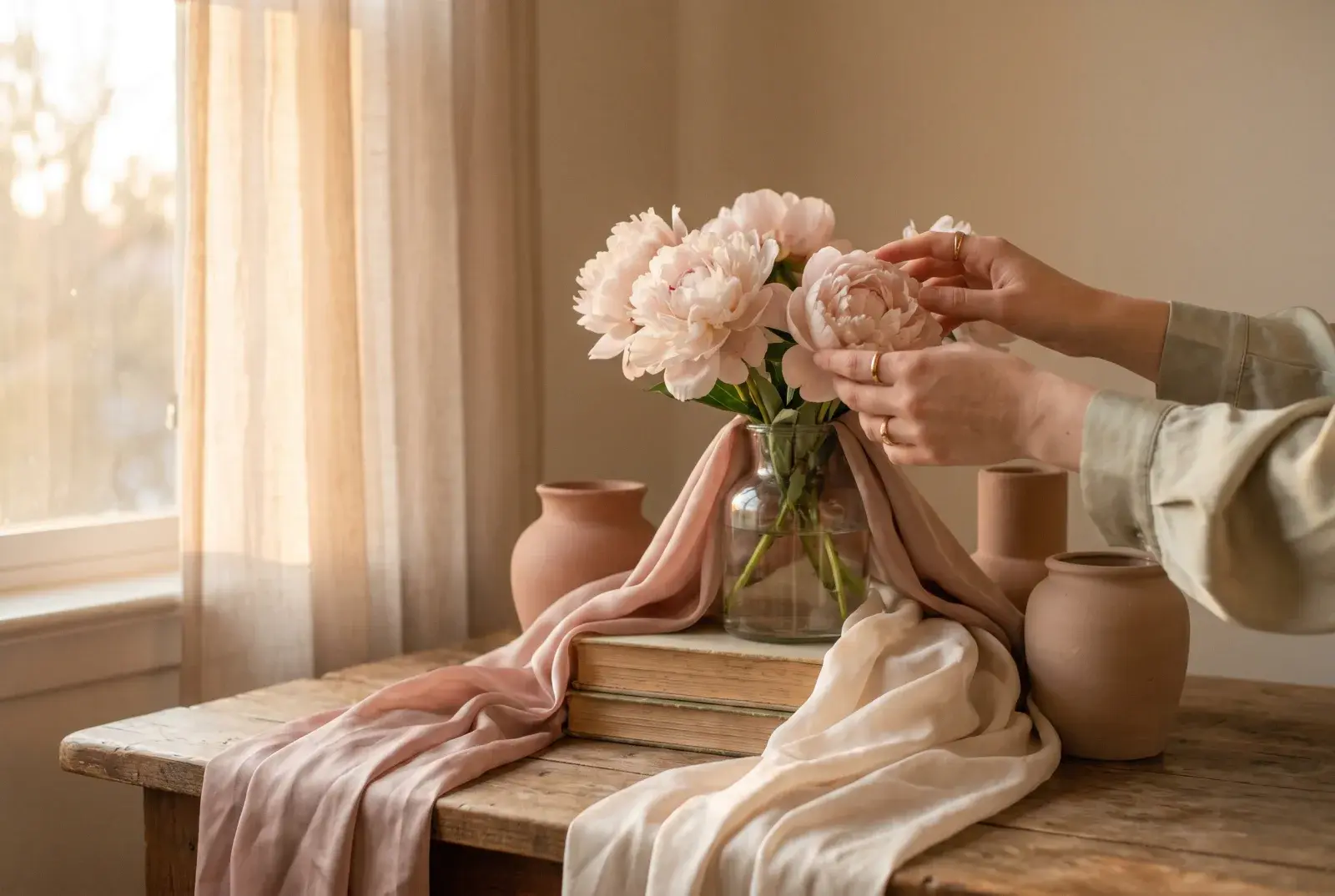 Blush peonies and flowing silk in warm golden light